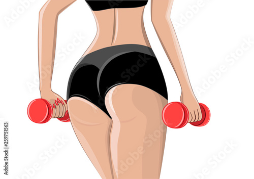 woman athlete with dumbbells in her hands stands back close-up, isolated on a white background horizontal vector illustration