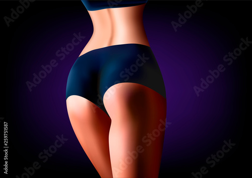realistic woman athlete stands back close-up, on a dark blue background horizontal vector illustration