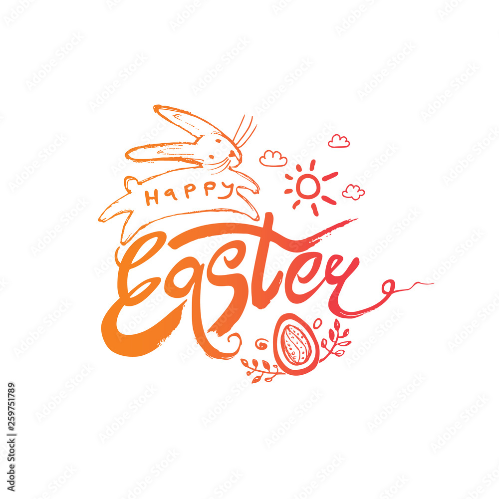Happy Easter brush hand lettering. Doodle sketch vector hand drawn jumping bunny, clouds and Easter egg. Easter logo handwritten inscription. Modern calligraphy.