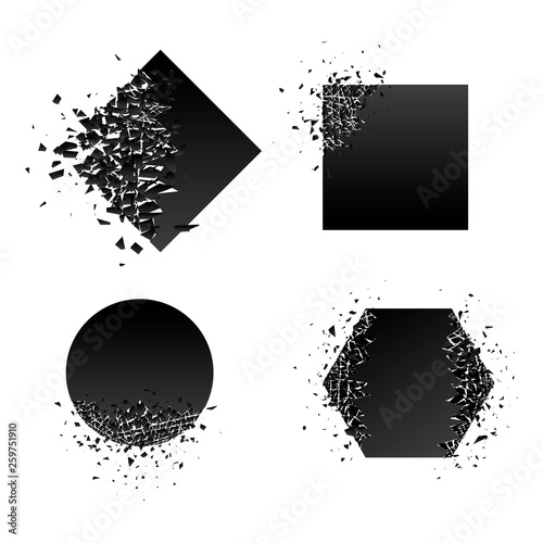Geometric banners with explosion effects set. Place for your text. Square and circle destruction shapes isolated on white background. Vector illustration.