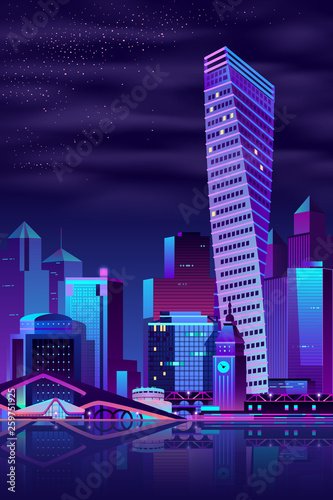 Modern metropolis night cityscape cartoon vector background. Futuristic skyscrapers, public buildings and old architecture town hall building with clock on river shore illustration in neon colors