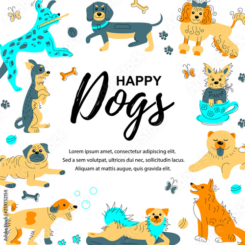 Vector illustration with hand drawn sketch cute doggies. Place for  text. Banner for pet shop, invitation, dog cafe, show, grooming, flyers.