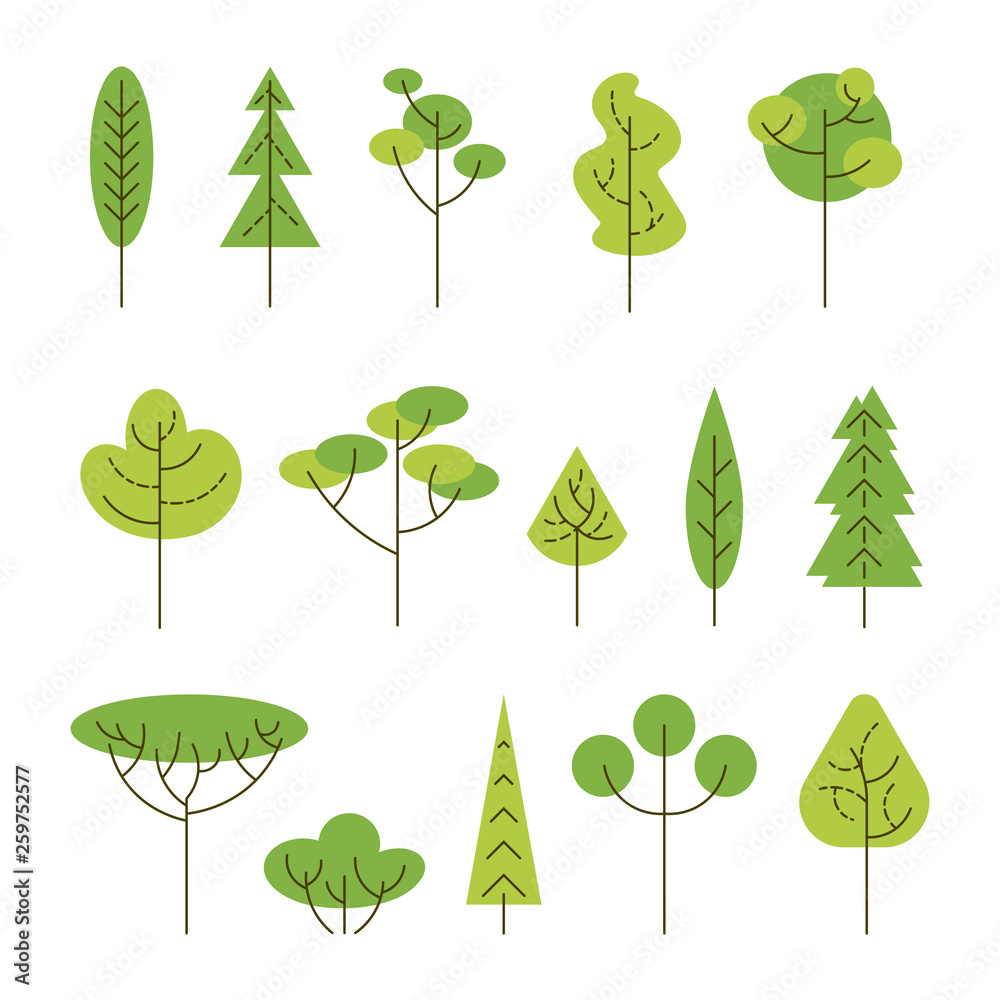 Trees vector illustration set. Design elements isolated on white background. Flat and line style. Trees vector illustration set. Design elements isolated on white background. Flat and line style.