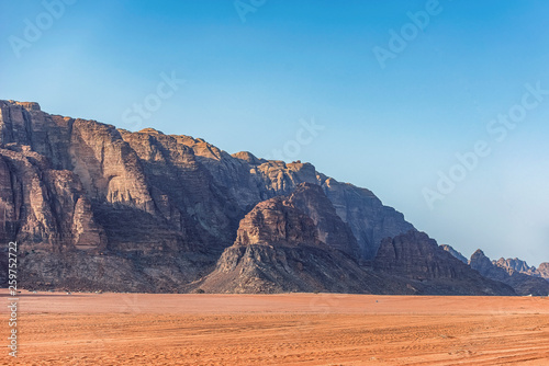 amazing view in incredible lunar landscape in Wadi Rum village in the Jordanian red sand desert. Wadi Rum also known as The Valley of the Moon,  Jordan - Image photo