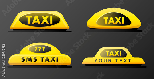 Taxi 3d roof sign. Icon set taxi sign on black background. Taxi sign on the roof of car. Vector illustration.