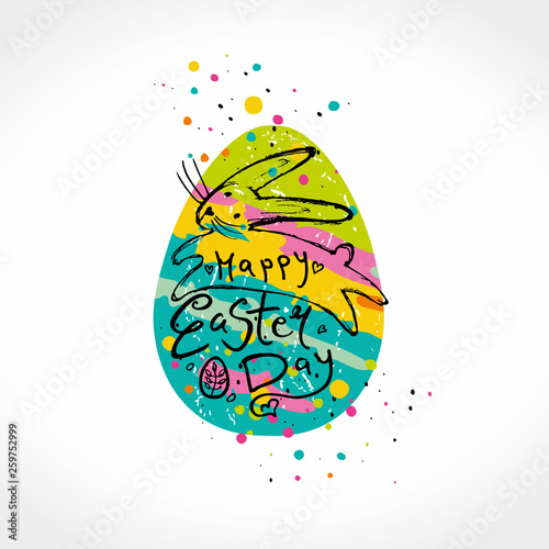 Happy Easter funny illustration. Easter bunny jumping on the background egg silhouette and paint drops. Vector template with gift easter egg and colorful sweet dressing illustration imitating pen draw