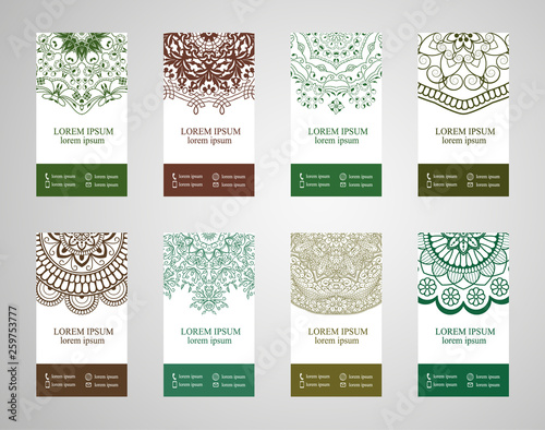 Set of banners with ethnic ornaments and patterns of the mandala. Vector decorative card or invitation design. Islam, Arabic, Indian, Turkish. Antiques, paintings, jewelry. Easy to use and edit