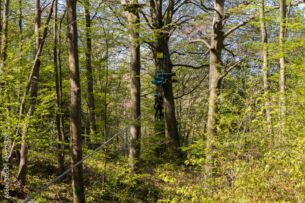 Parcours d'Accrobranche en forêt avec personne en action Parcours d'Accrobranche en forêt avec personne en action