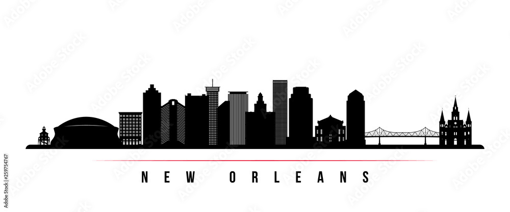 New Orleans city skyline horizontal banner. Black and white silhouette of New Orleans city, USA. Vector template for your design.