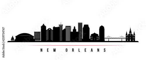 New Orleans city skyline horizontal banner. Black and white silhouette of New Orleans city  USA. Vector template for your design.