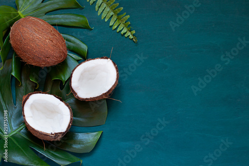 Coconut with tropical leaves on the wooden dark background frame. Copy space