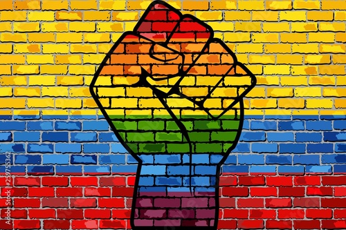 LGBT Protest Fist on a Colombia brick Wall Flag - Illustration,  Brick Wall Colombia and Gay flags