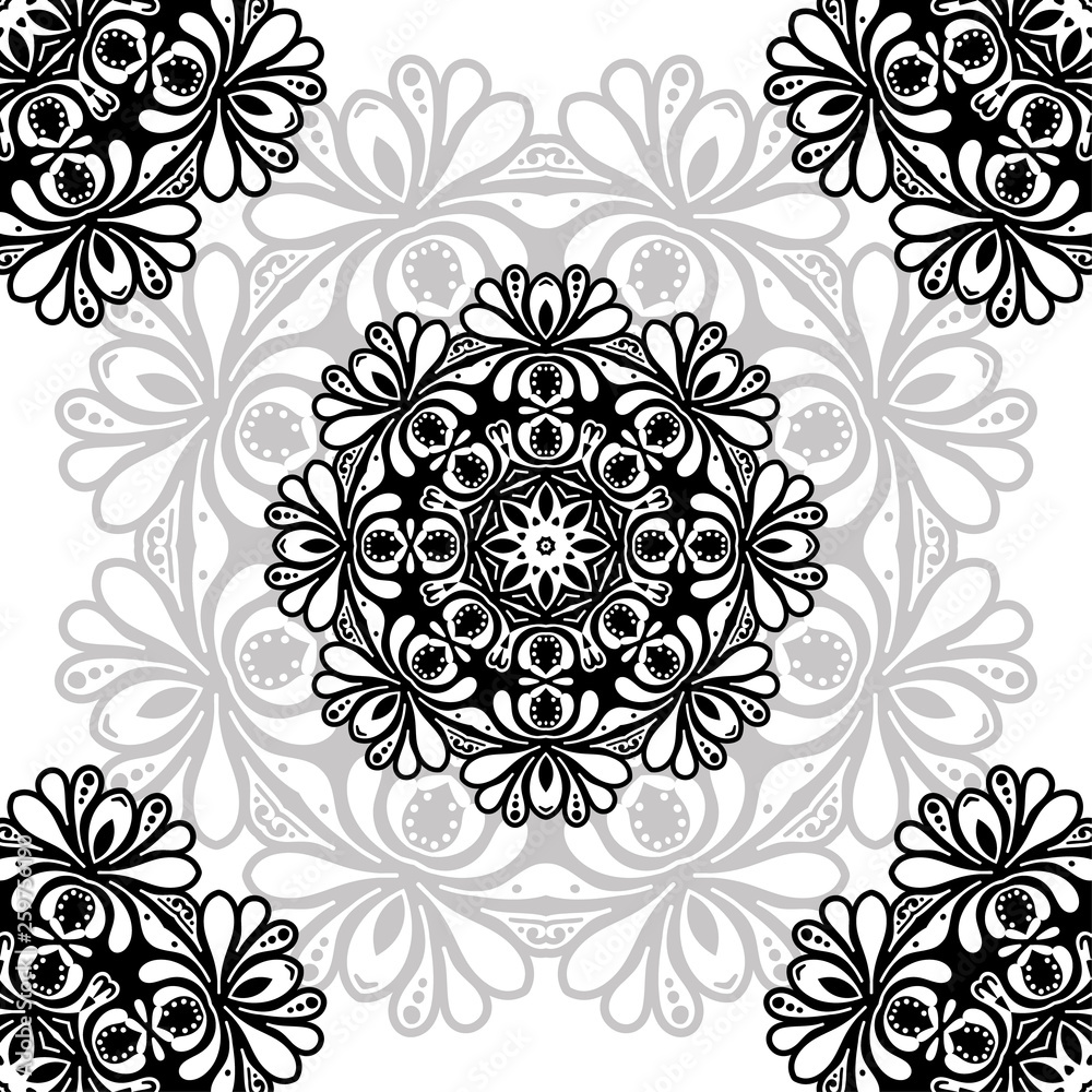 Fototapeta premium Women's lace seamless brush tape. Floral exquisite vintage pattern, wide handmade ornament. Ethnic fabrics, motifs for clothing, clothing, packaging, signage and website. black-white. Vector EPS 10