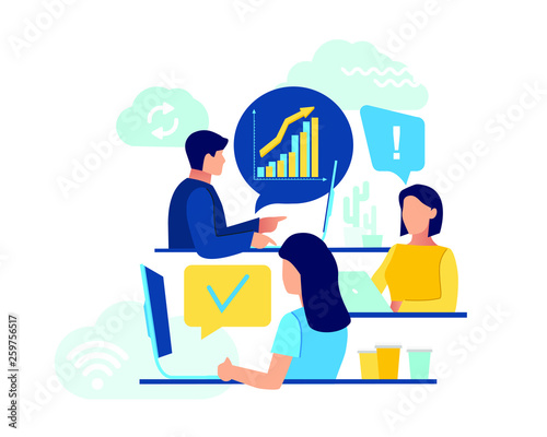 Team leaders are sitting at the desk, talking and looking into the computer, tablet and telephon. Increase sales and skills, thinking and brainstorming, analytics of company information.