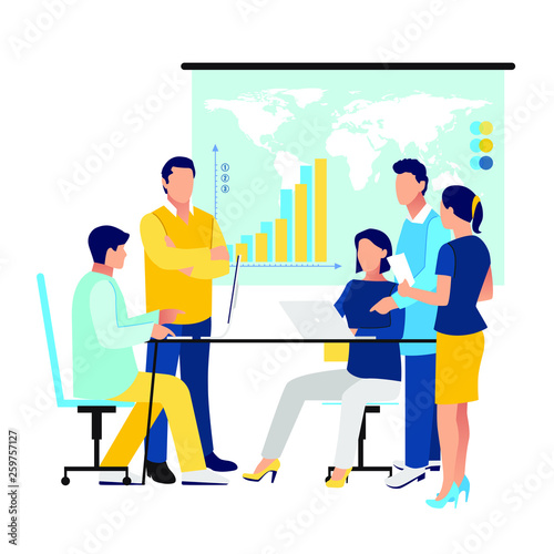 Team leaders are sitting at the desk, talking and looking into the computer, tablet and telephon. Increase sales and skills, thinking and brainstorming, analytics of company information.