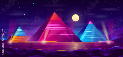 Giza plateau nigh landscape with egyptian pharaohs pyramids complex illuminated with moonlight neon colors cartoon vector background. Ancient historical, famous touristic attractions in african desert