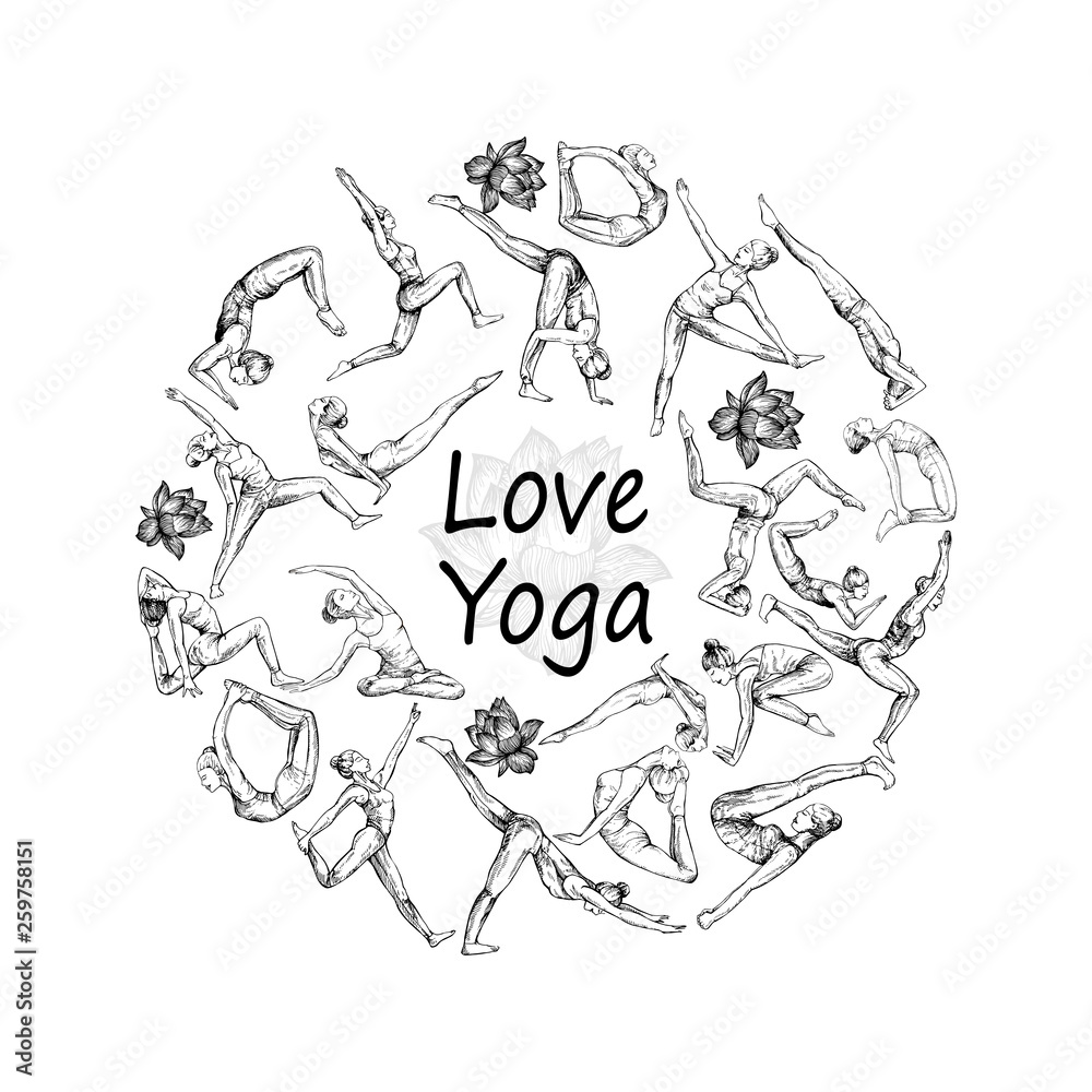 Poster card composition of hand drawn sketch style abstract people doing yoga isolated on white background. Vector illustration.