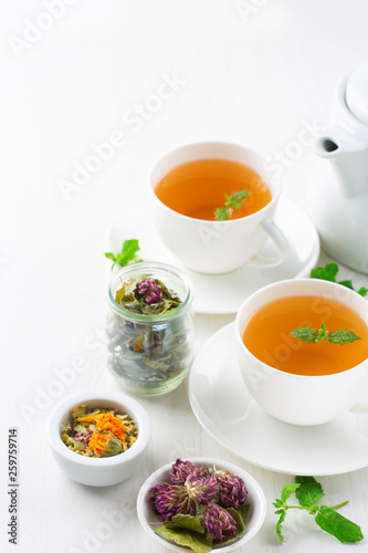 cup of herbal tea, white background