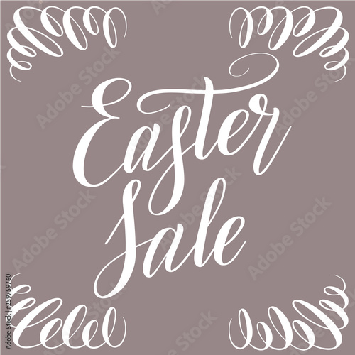 Easter Sale. Square illustration with white script lettering and ornament on corners. Handwriting calligraphic inscription. Isolated cursive and decoration. Vector.