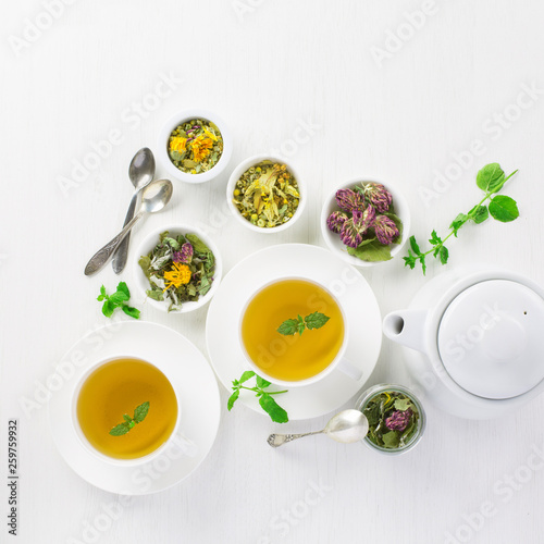 cup of herbal tea, white background