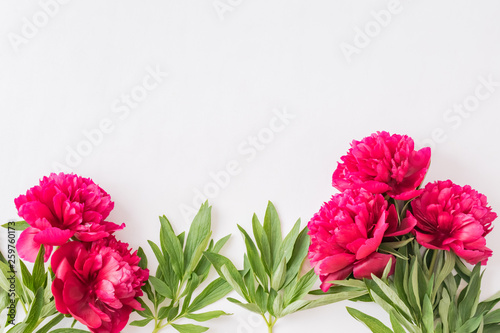 Fototapeta Naklejka Na Ścianę i Meble -  Flat lay composition with red peonies and green leaves on a white background