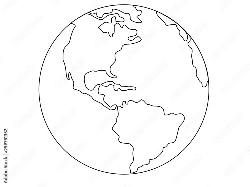 Planet Earth, globe vector linear picture. Outline. North and South America. Central America. The Atlantic Ocean and the Pacific Ocean. For coloring.