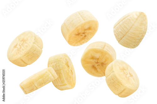 Fotografie, Obraz Flying banana slices, isolated on white background