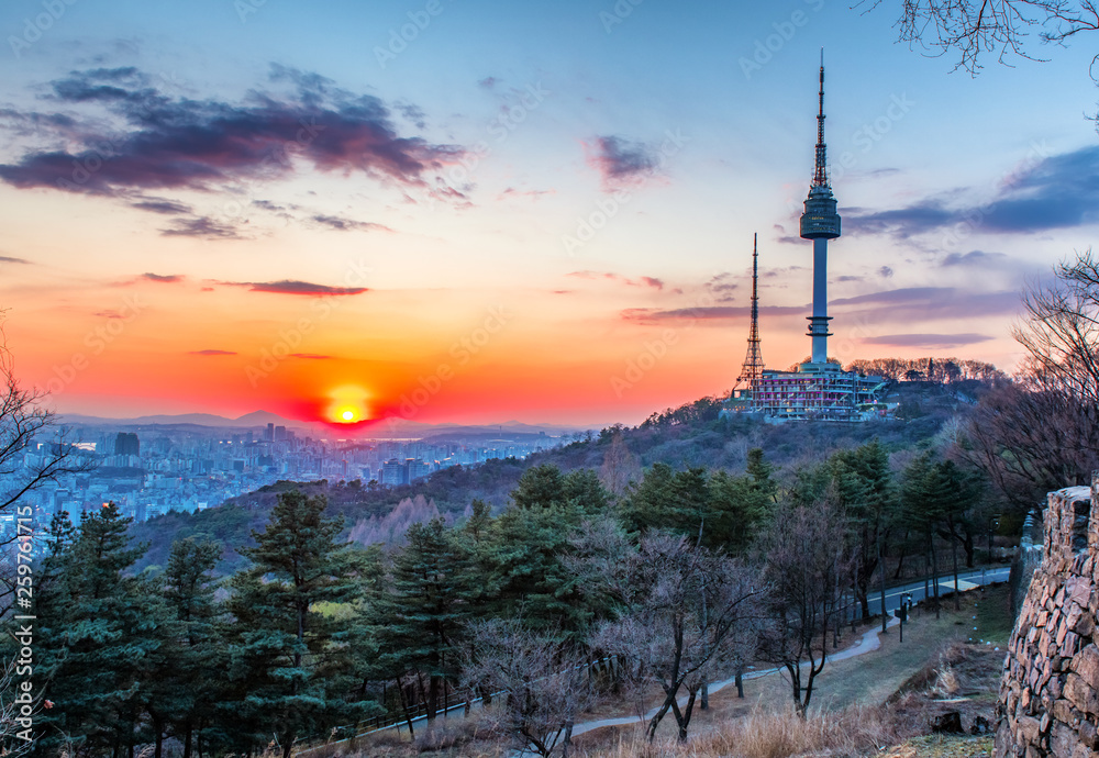 namsan tower in sunset at Seoul city South Korea