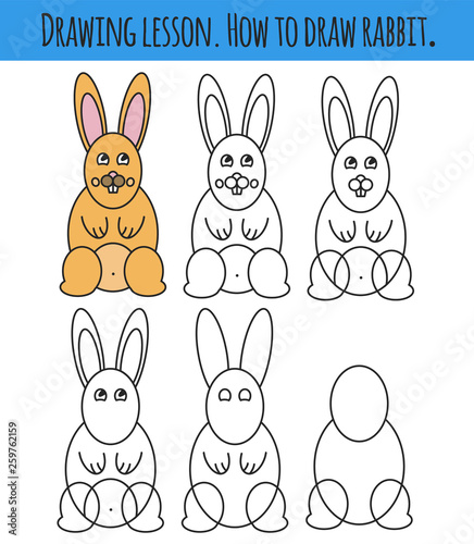 Drawing lesson for children. How draw a cartoon cute mouse. Drawing tutorial with funny cartoon animal. Step by step repeats the picture. Kids activity page for book. Vector illustration.