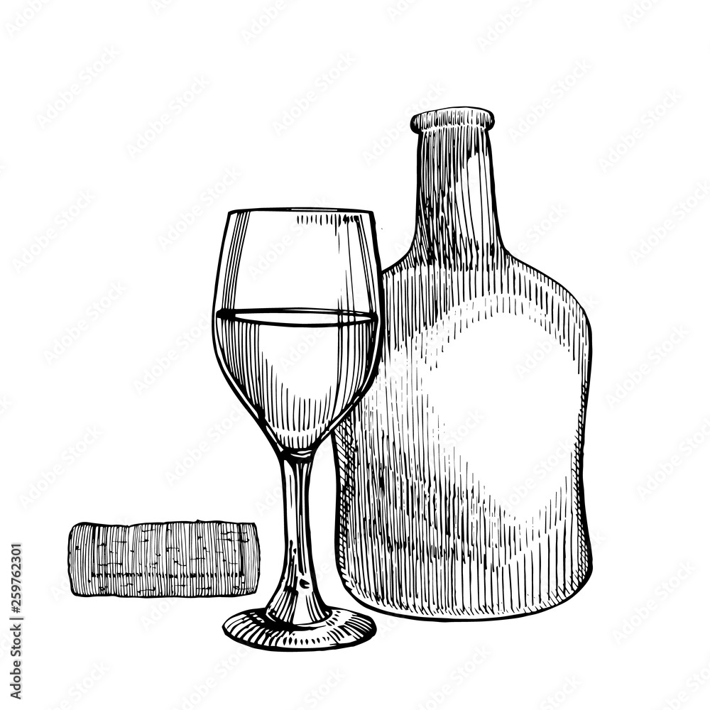 Red wine bottle and glasses, sketch style illustration isolated on