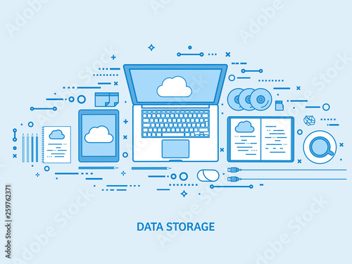 Cloud computing, media data server. Web storage. Digital technology. Internet connection. Flat blue outline background. Line art vector illustration.