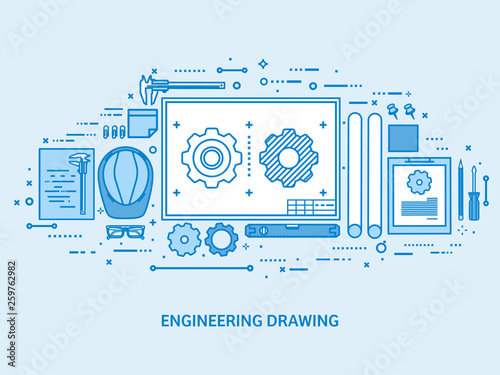 Engineering and architecture. Drawing construction. Architectural project. Design sketching. Workspace with tools. Planning building. Flat blue outline background. Line art vector illustration.