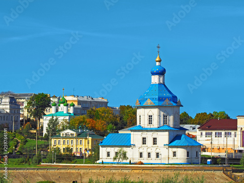Autumn view of the Cheboksary bay, church of the Assumption of the Mother of God. City landscape, Cheboksary, Chuvashia