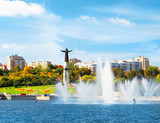 Downtown, cityscape. Autumn view of the fountains Cheboksary bay and monument Mother Protecting. Cheboksary, Chuvashia