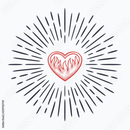 Stylized vector illustration of flaming and shining red heart in vintage style. 