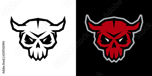Vector illustration of monster skulls with horns, isolated on white and black backgrounds.