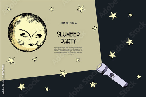 Deep dark night pajama sleepover party invitation, card, poster template.