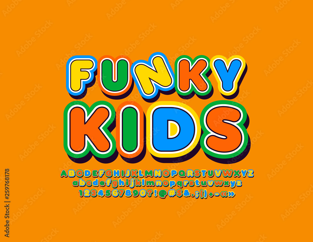 Vector colorful artistic Font for Funky Kids. Bright cute ALphabet Letters, Numbers and Symbols