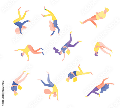 Inspired People flying in space and interacting with gadgets and papers. Characters set moving and floating in dreams, imagination and inspiration. Flat design style, vector illustration.