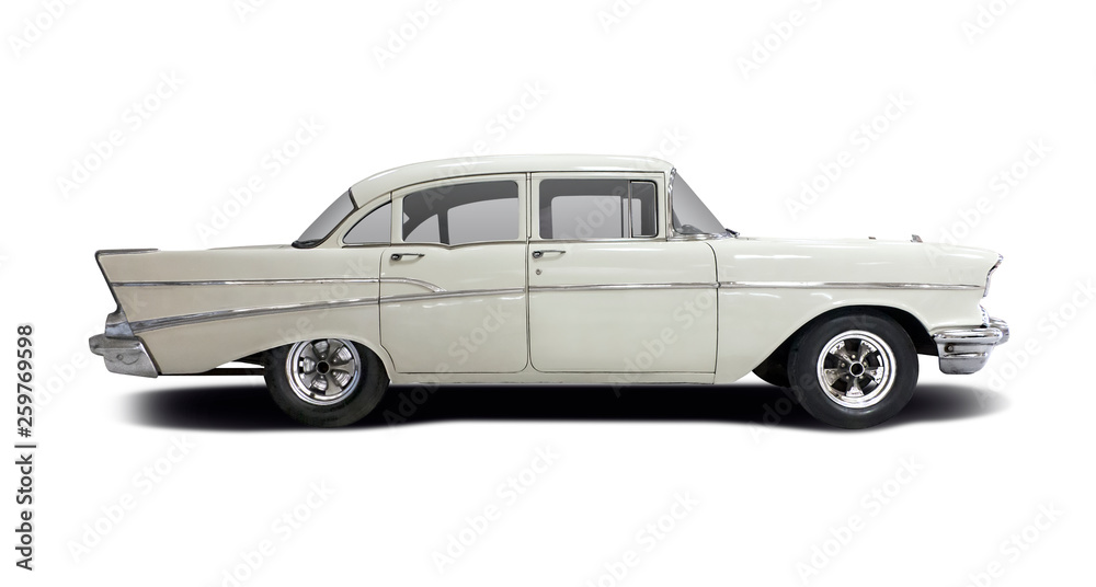Classic American car side view isolated on white