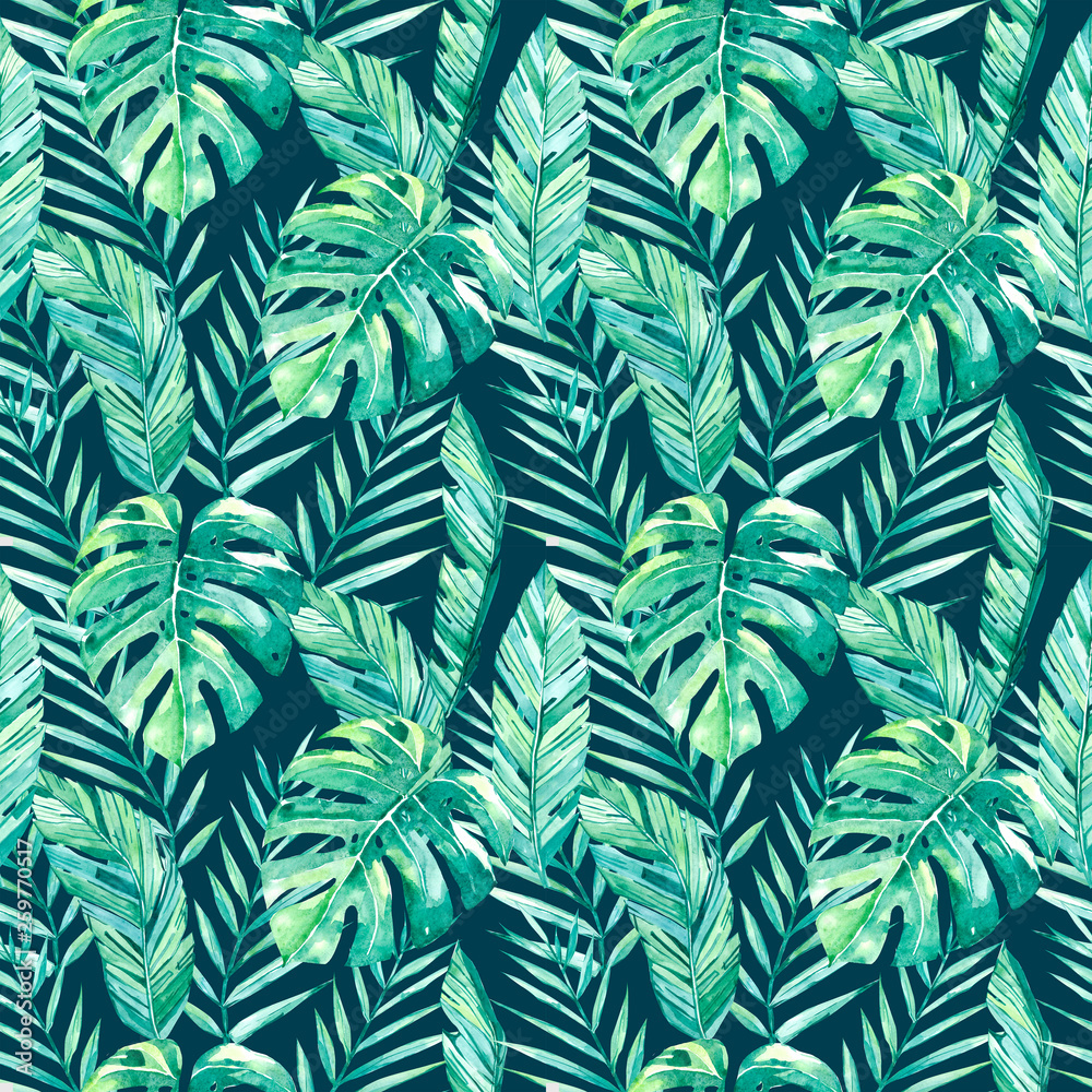 watercolor hand painted seamless pattern tropical leaves an dark background