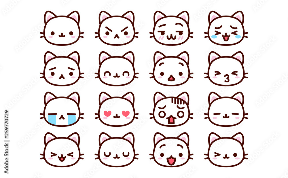Set Of Cute Cartoon Cat Icons Isolated Stock Vector by