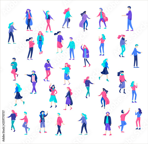 Vector people character walking on the street in autumn or winter clothes, friends and couples. Colorful Group of male and female flat cartoon characters