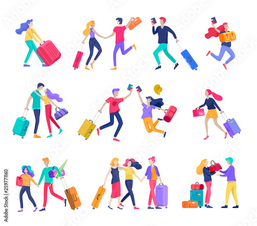 Different people travel on vacation. Tourists with laggage travelling with family, friends and alone, go on journey. Travelers in various activity with luggage and equipment. Vector illustration