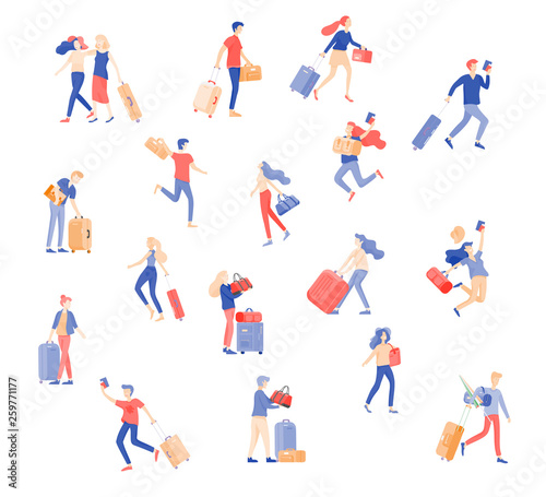 Different people travel on vacation. Tourists with laggage travelling with family, friends and alone, go on journey. Travelers in various activity with luggage and equipment. Vector illustration