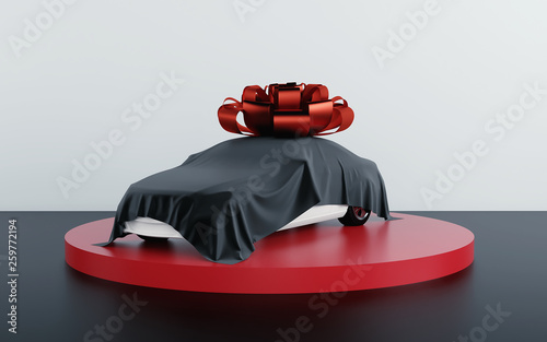 Car covered by black fabric with gift bow-knot. 3d render