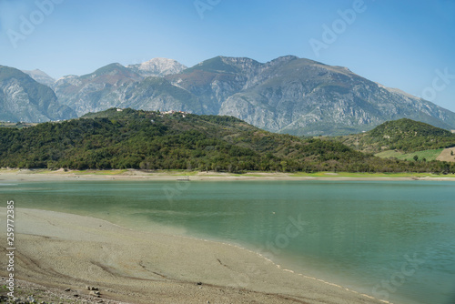 Lake Campotosto embedded in the Gran Sasso and Monti della Laga National Park