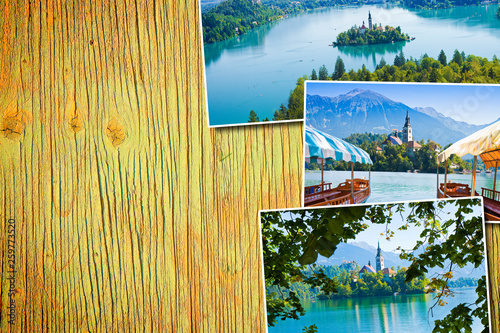 Bled lake, the most famous lake in Slovenia with the island of the church (Europe - Slovenia) - Postards concept on colored wooden background - image with copy space photo