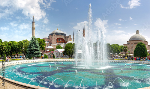 ISTANBUL, TURKEY, 25.05.2018 - View of the Hagia Sophia beyond the fountain in Sultanahmet park
