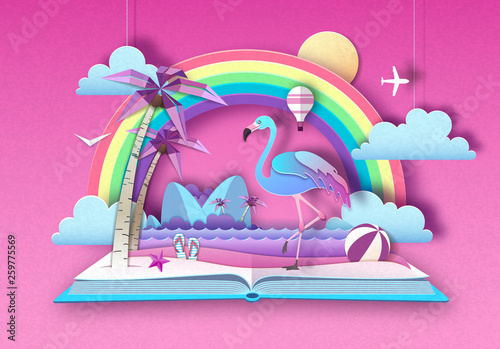 Open fairy tale book with flamingo and tropic beach landscape. Cut out paper art style design